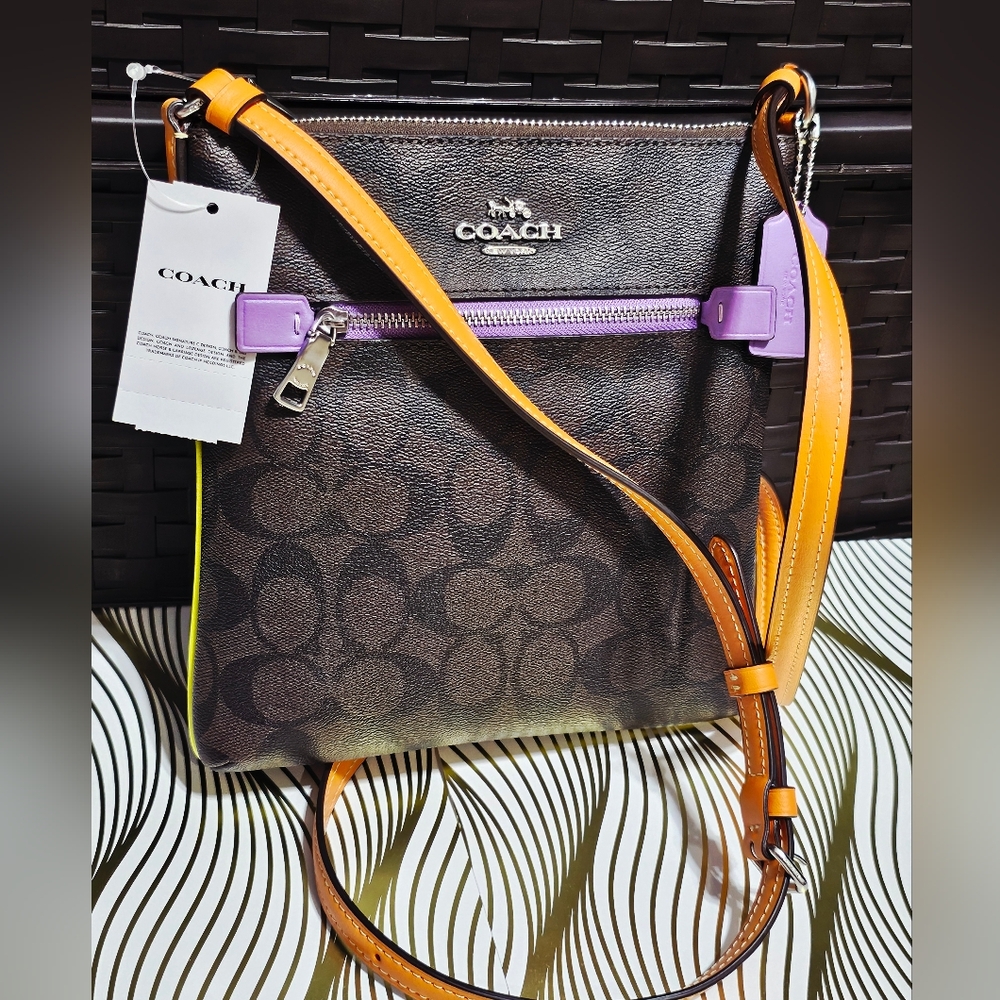 Coach CL671 Mini Rowan File Bag Sig C Brown Purple Orange Yellow Neon NEW - Picture 2 of 16